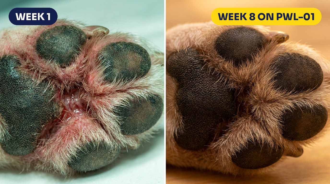 Dog paw before and after PWL-01, week 1 vs week 8