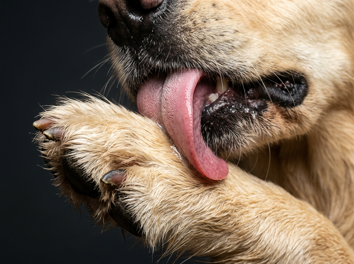 Dog licking paw