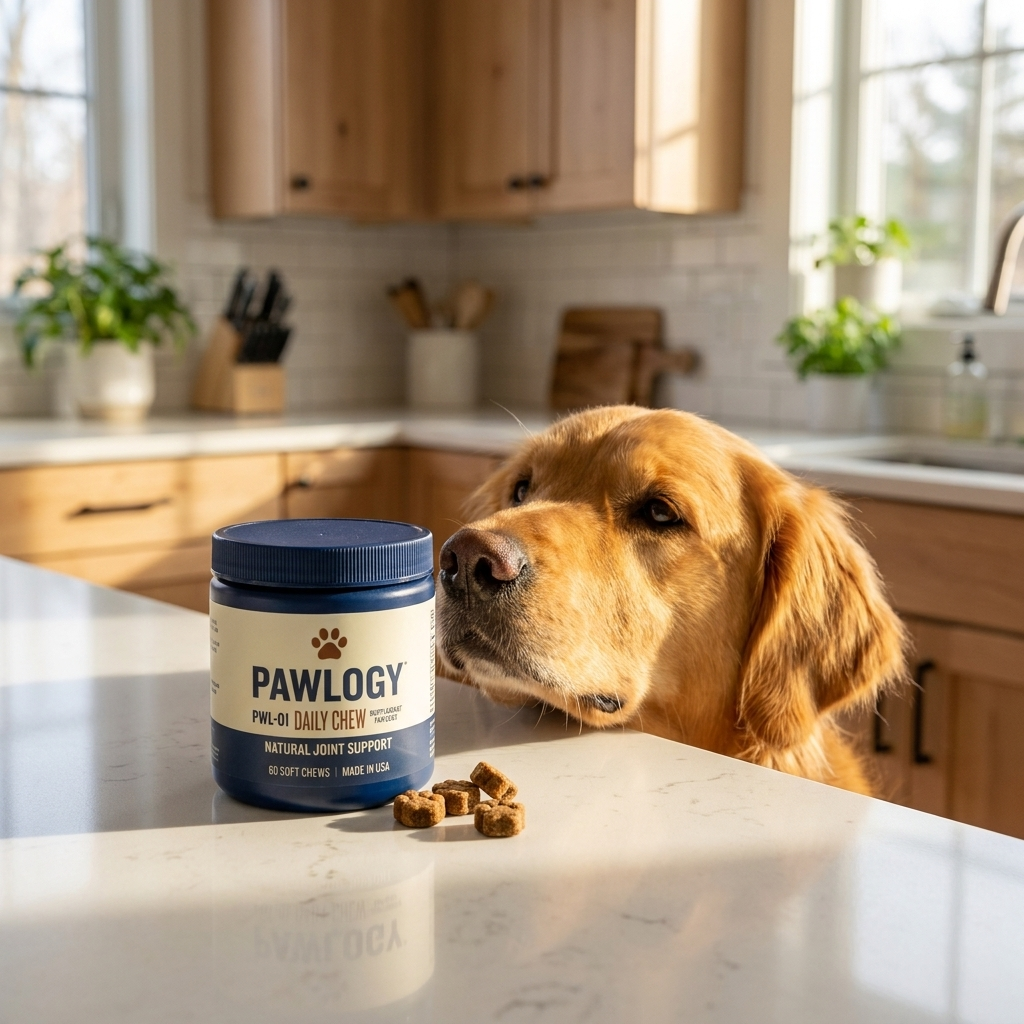 Dog with jar on counter