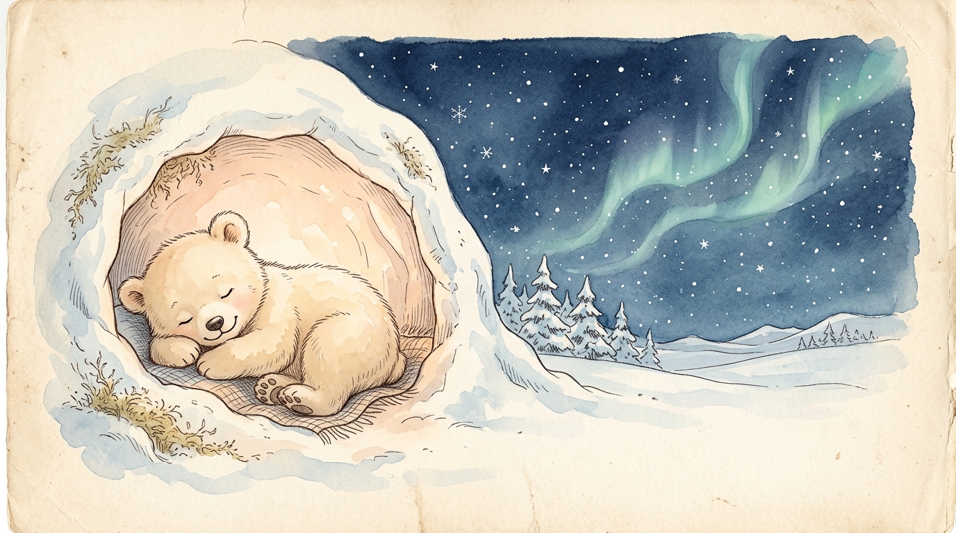 A bear cub sleeping peacefully inside a snow den under the northern lights