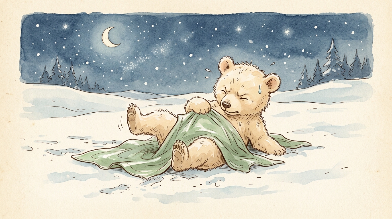 A restless bear cub tangled in a thin flat blanket, sweating under the night sky