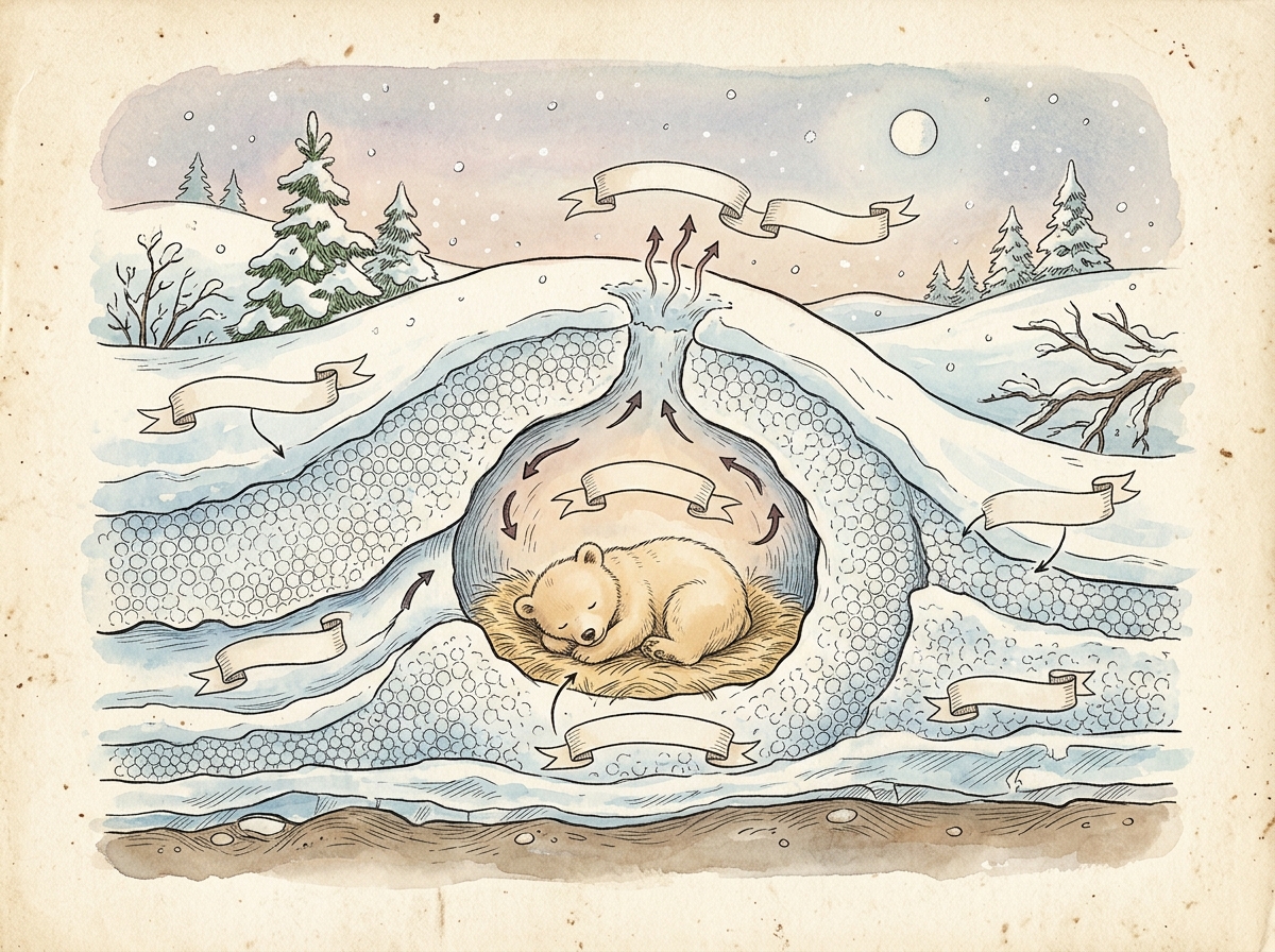 Storybook cross-section of a snow den showing air pockets regulating temperature