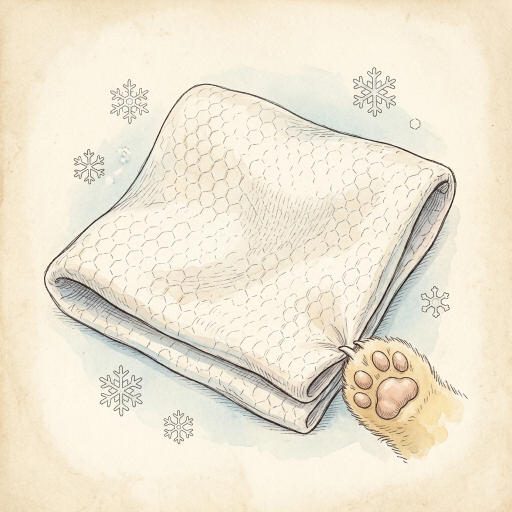 Close-up of snösoft fabric showing its hexagonal air-cell knit beside matching snowflakes
