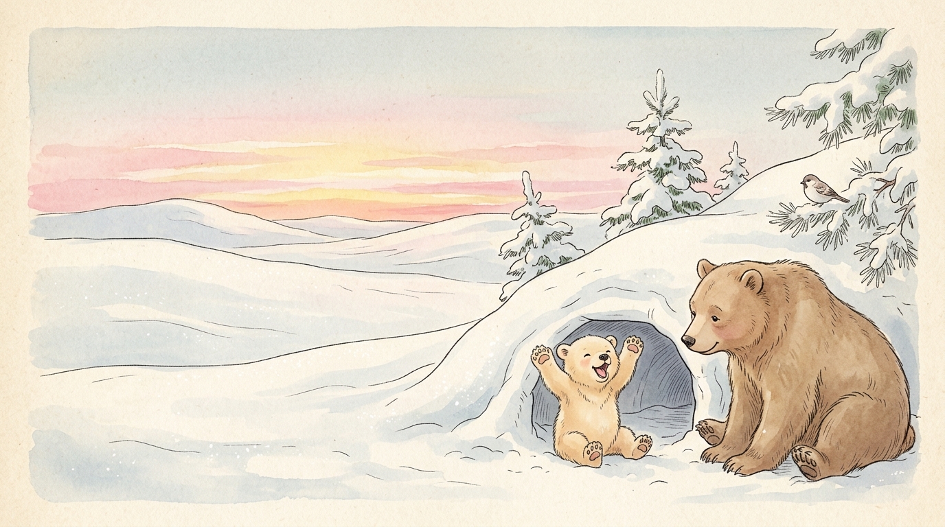 A rested bear cub stretching happily at its den entrance at sunrise while its mother watches