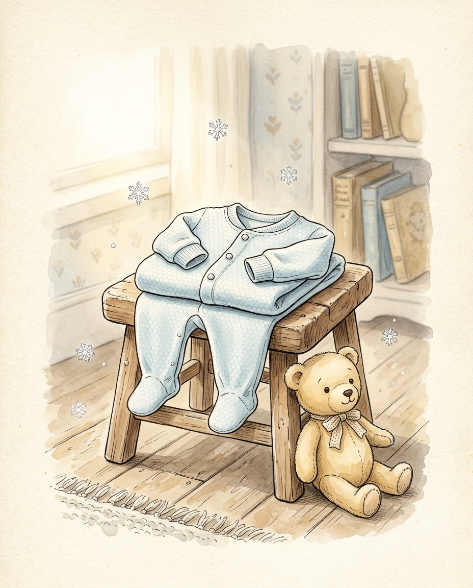 A pair of ice-blue snösoft baby footie pajamas folded on a wooden stool beside a small teddy bear
