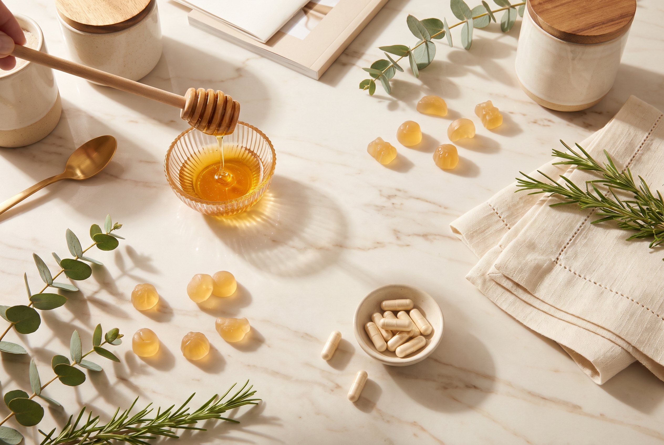 AmberHealth wellness flat lay with honey and botanicals