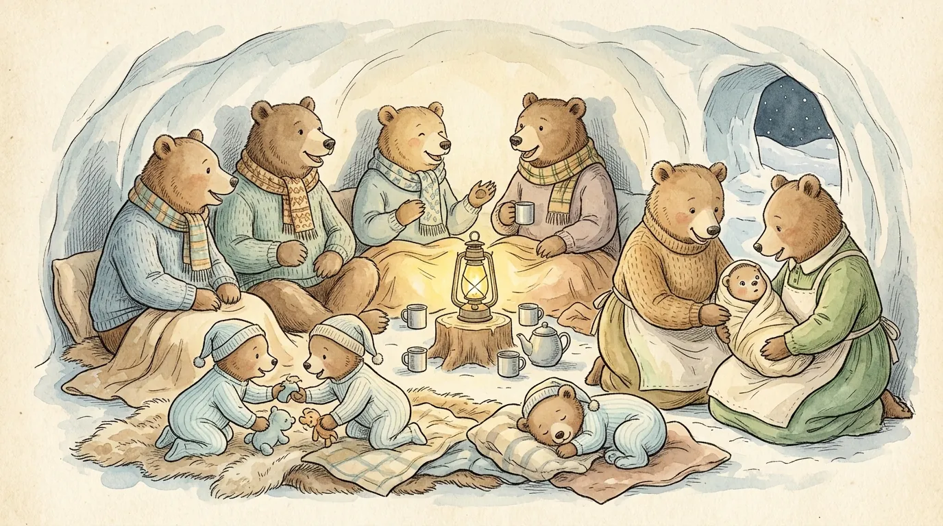 Bear families gathered warmly inside a big snow den, sharing stories while their cubs doze
