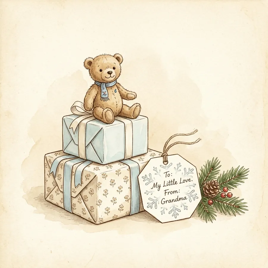 Stack of wrapped gifts with a plush bear and a snowflake-shaped gift tag