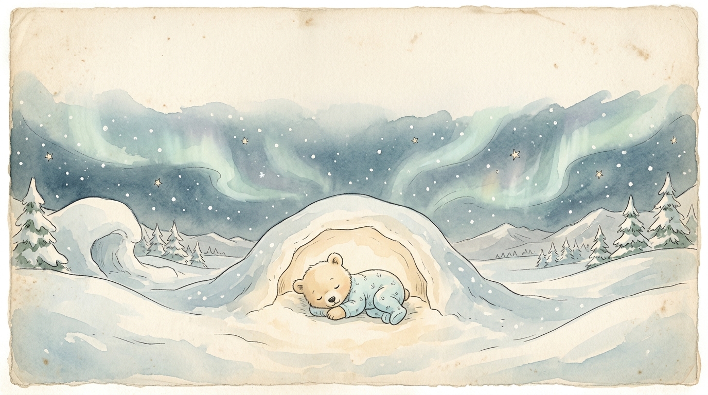 A bear cub in ice-blue pajamas sleeping inside a snow den beneath the northern lights