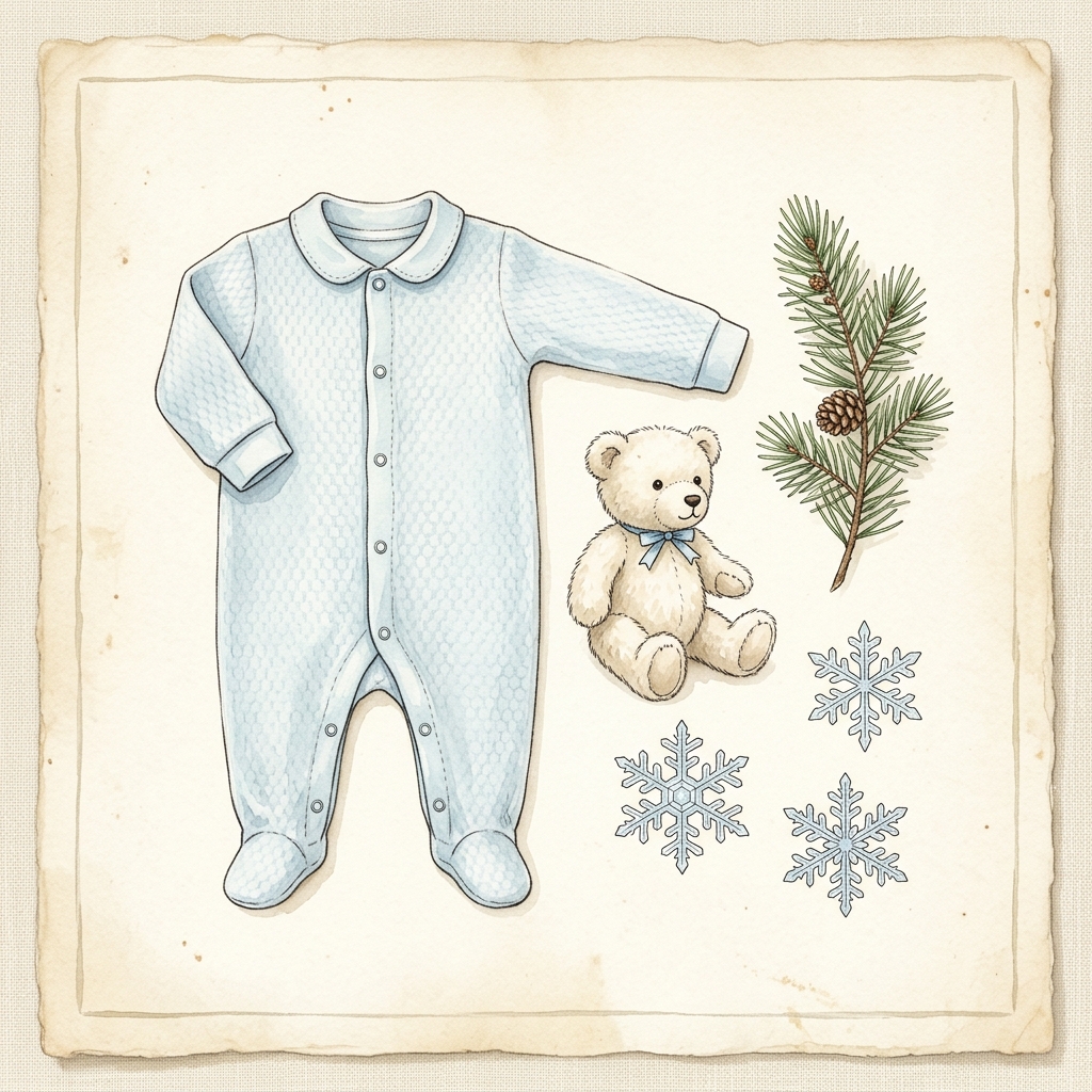 snösoft footie flat lay with teddy bear and pine sprig
