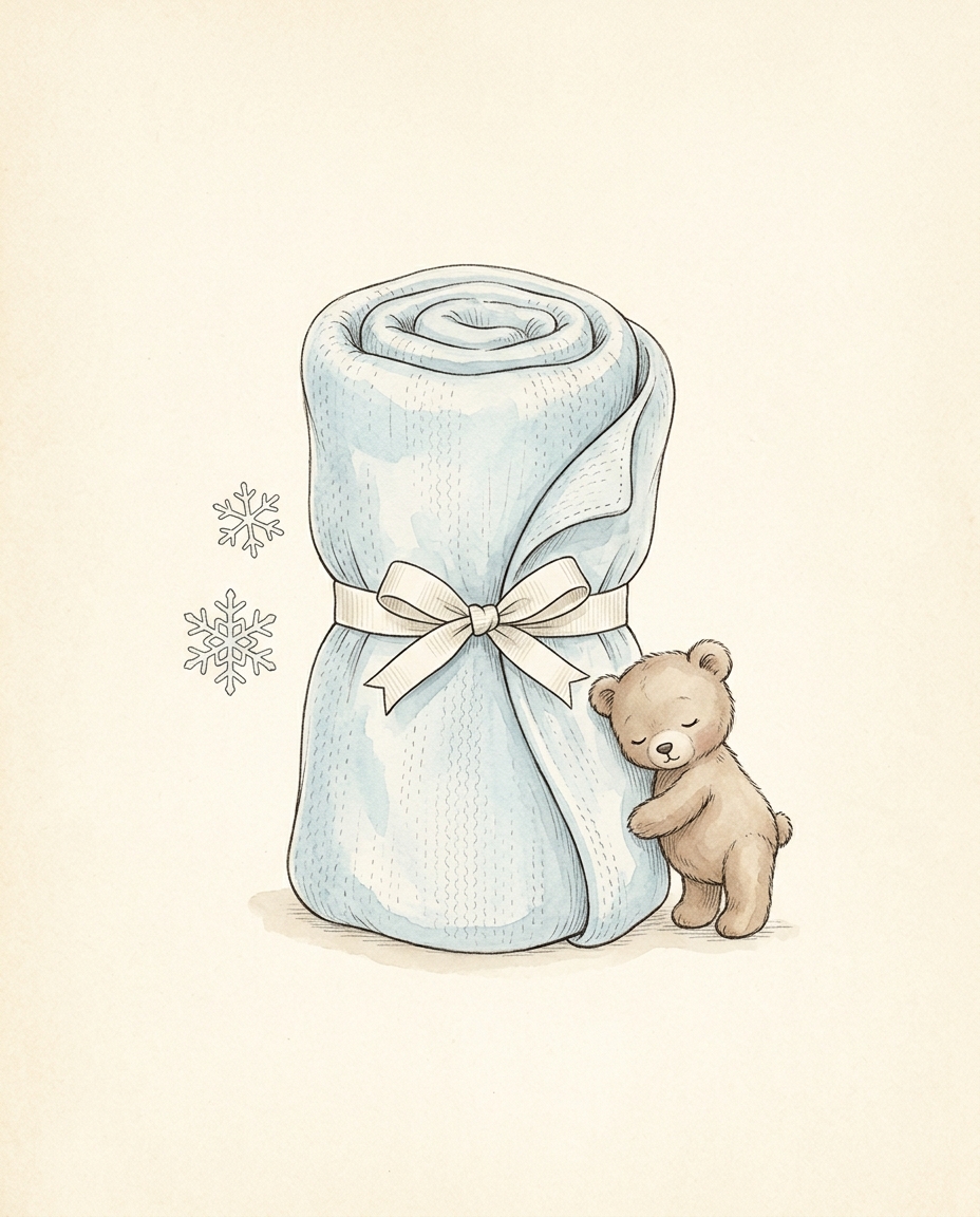 Snöbo snösoft swaddle blanket in ice blue tied with a cream ribbon beside a teddy bear