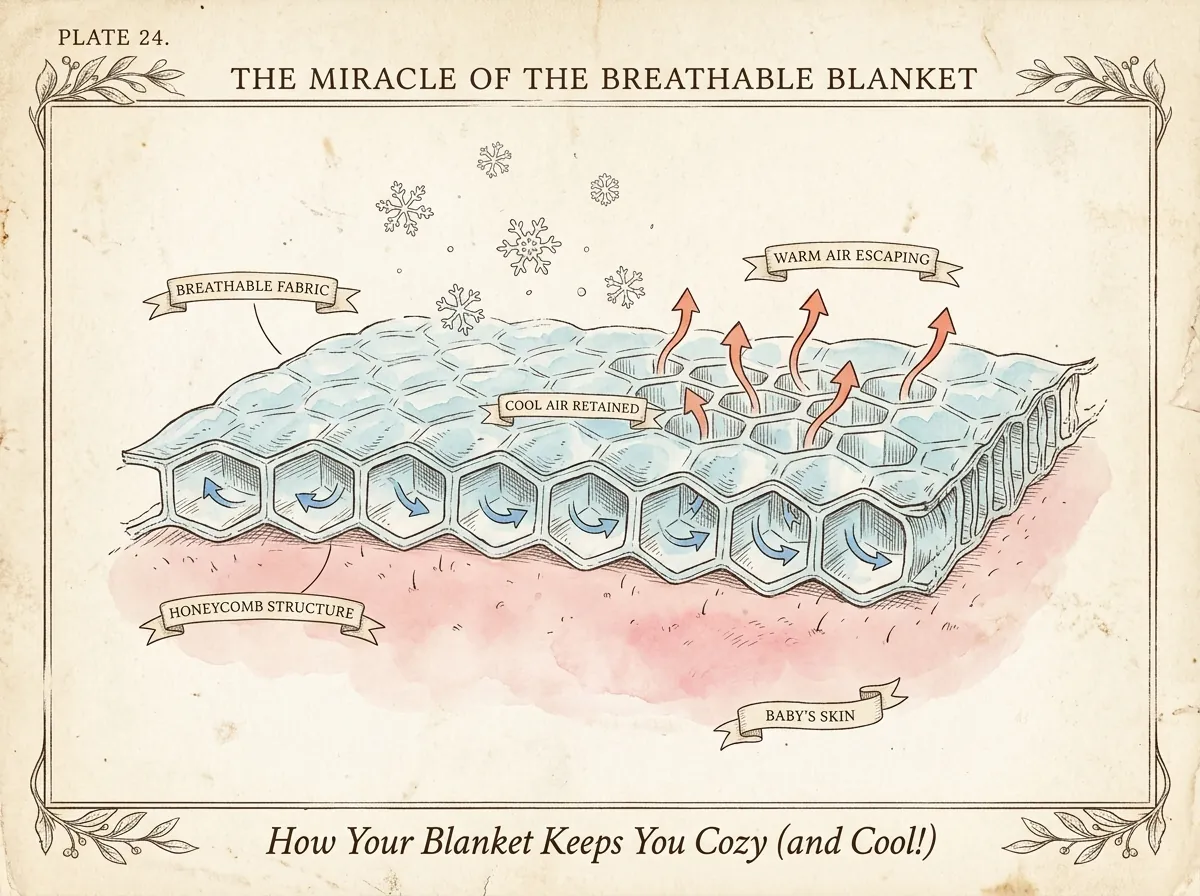 Cross-section diagram showing cool air held in honeycomb fabric cells near baby skin while warm air escapes upward through the open structure