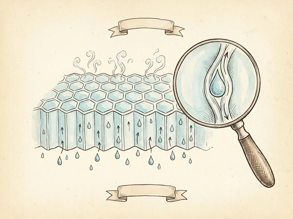 Diagram of water droplets being wicked upward along honeycomb cell walls and evaporating as vapor at the surface