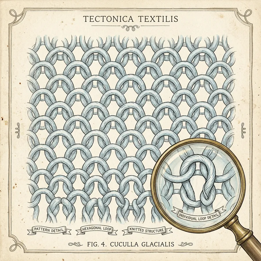 Magnified drawing of interlocking knit loops forming hexagonal cells, with one loop enlarged under a magnifying glass