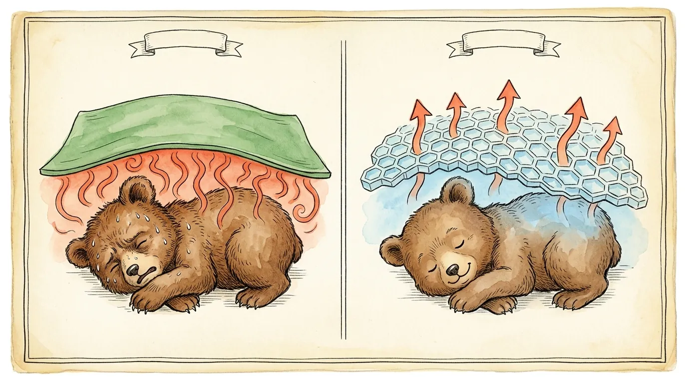 Side-by-side comparison of a cub sweltering under flat fabric that traps heat versus sleeping comfortably under air-cell fabric that releases it